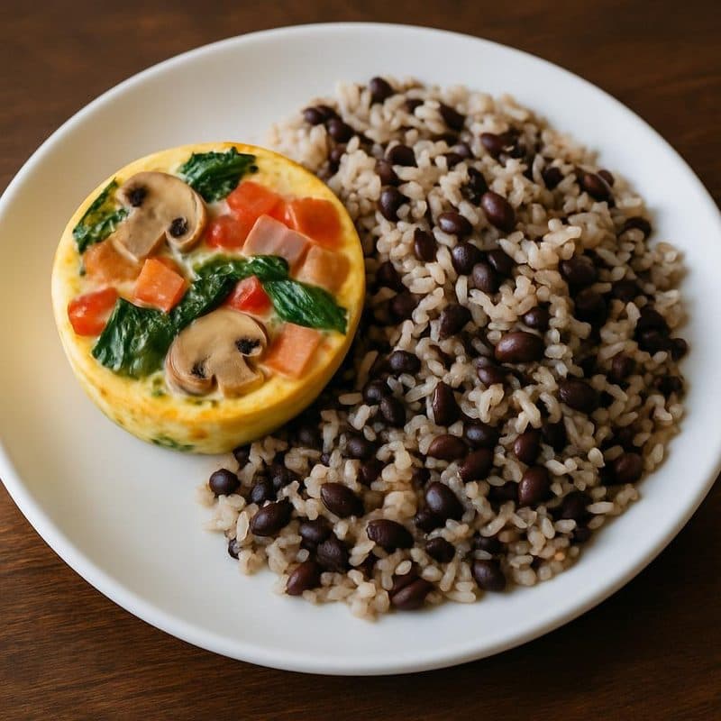 Cup eggs con hongos, espinaca, tomate, cebolla, jamón y gallo pinto