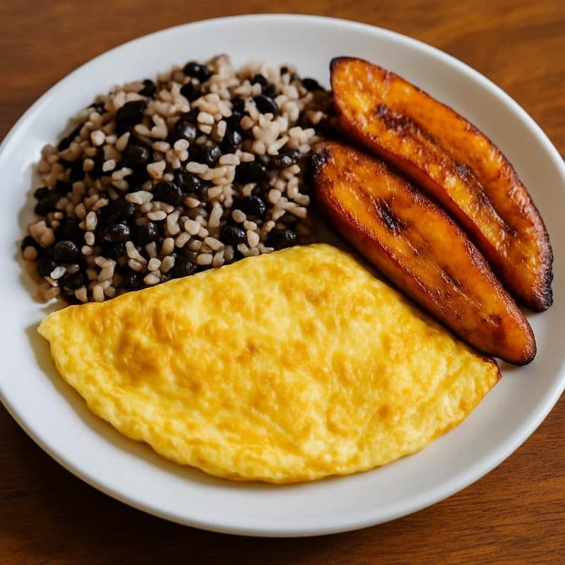 Omelette acompañado de gallo pinto y plátano maduro