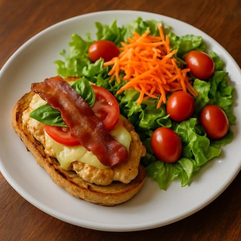Montadita de pollo con queso, tocineta, tomate, albahaca y ensalada