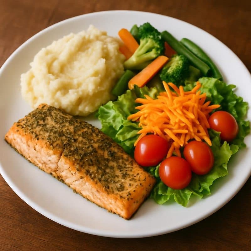 Salmón a las hierbas con puré, vegetales y ensalada — Nutrition To Go
