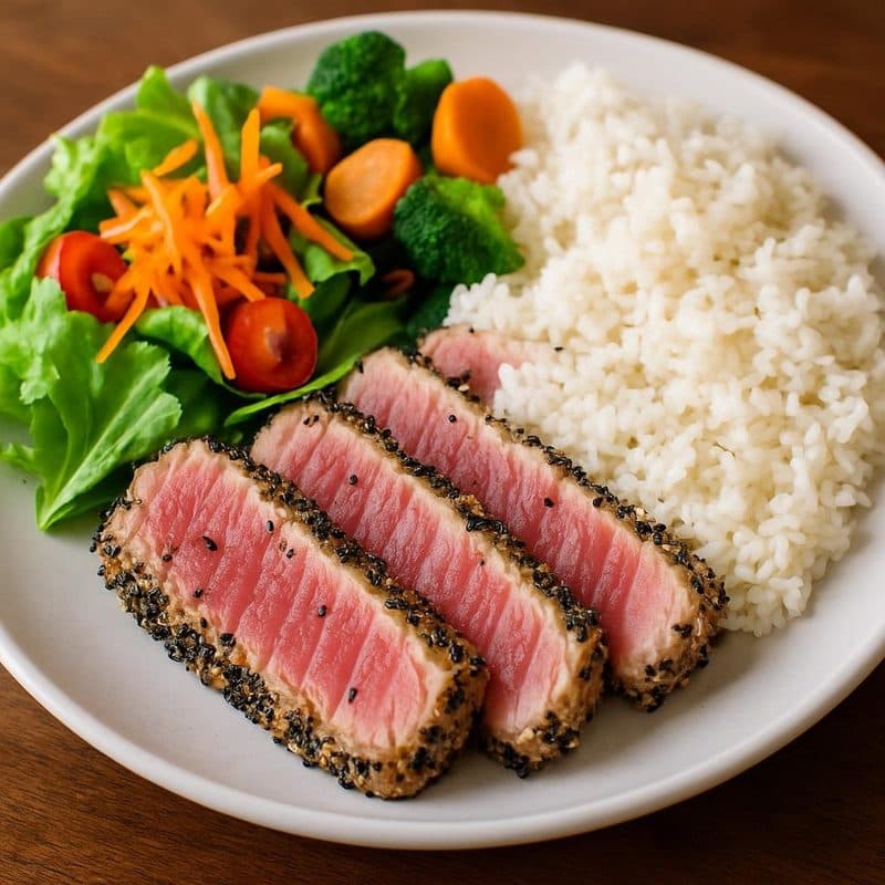 Atún sellado acompañado de arroz, vegetales al vapor y ensalada