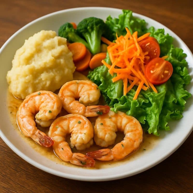 Camarones jumbo al ajillo acompañados de puré, vegetales y ensalada