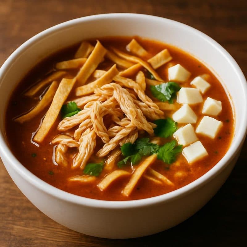 Sopa azteca con pechuga de pollo acompañada de queso bajo en grasa y chips