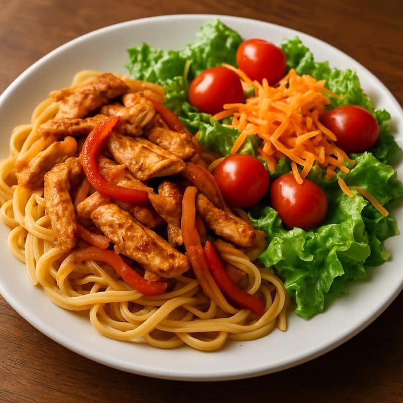 Pasta con fajitas de pollo acompañada de ensalada