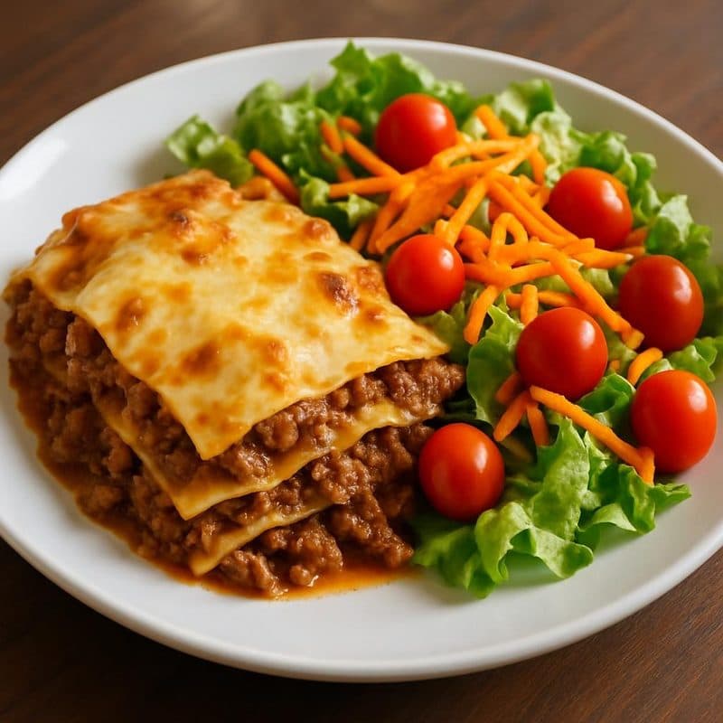 Lasaña de carne molida acompañada de ensalada
