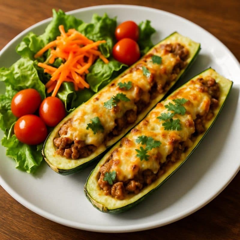 Zucchini relleno de carne molida acompañado de ensalada