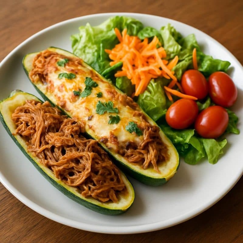 Zucchini relleno de carne mechada acompañado de ensalada