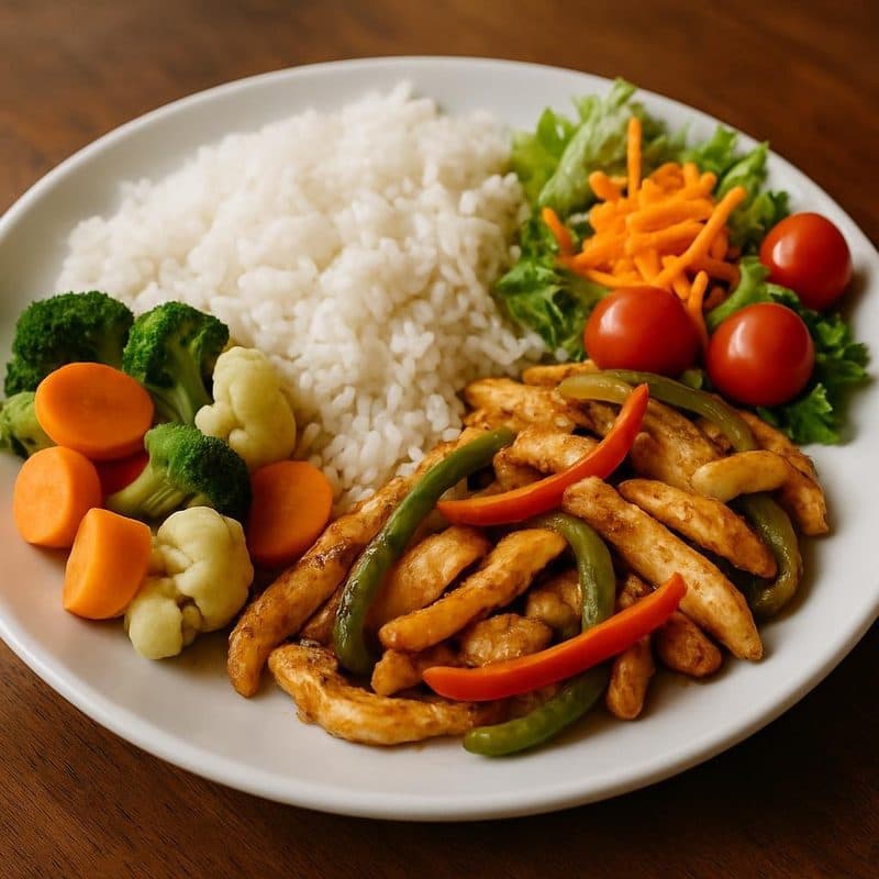 Fajitas de pollo acompañadas de arroz blanco, vegetales al vapor y ensalada