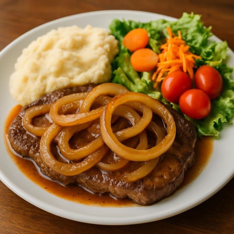 Bistec encebollado acompañado de puré de papa, vegetales al vapor y ensalada