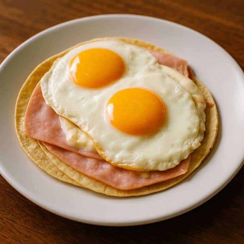 Huevo al caballo hecho con 2 tortillas de maiz, jamón, queso y huevo