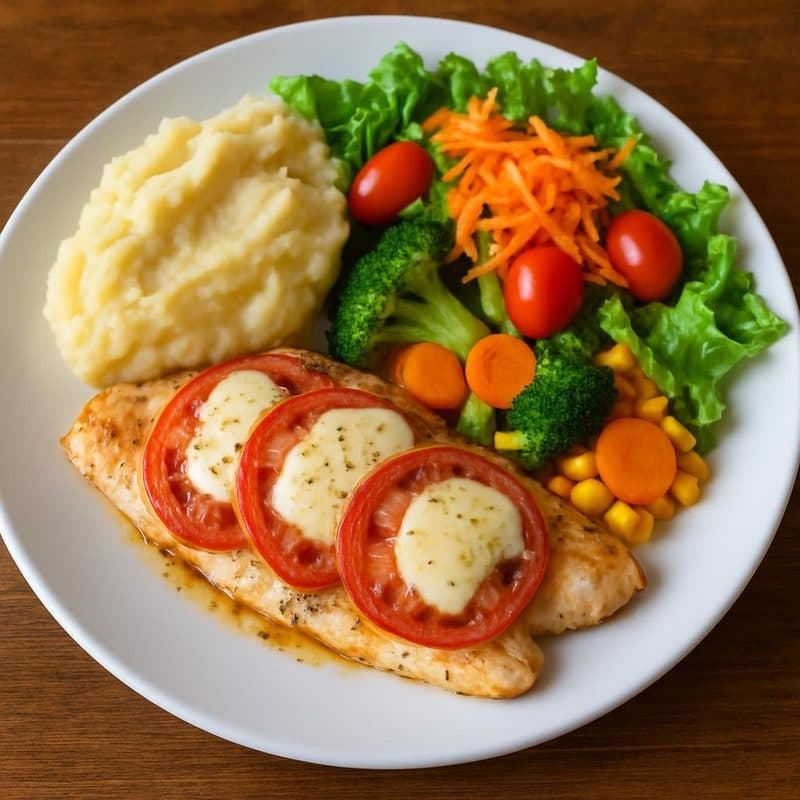 Pescado caprese acompañado de puré de papa, vegetales y ensalada