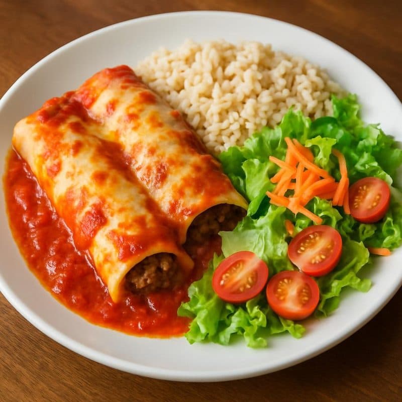 Canelones de carne molida acompañados de arroz integral, vegetales y ensalada