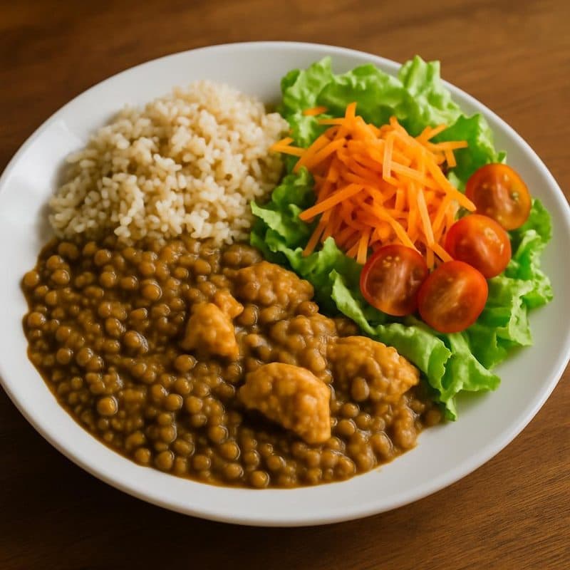 Lentejas con pollo acompañadas con arroz integral, vegetales y ensalada