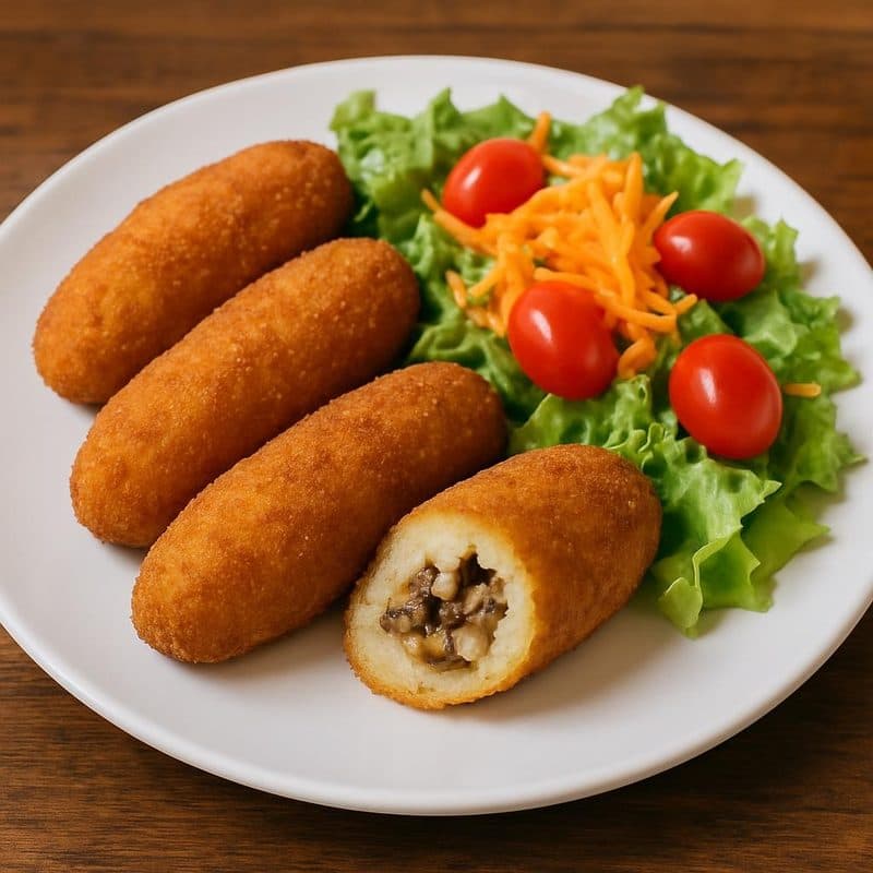 Enyucados vegetarianos rellenos de hongos y queso acompañados de ensalada