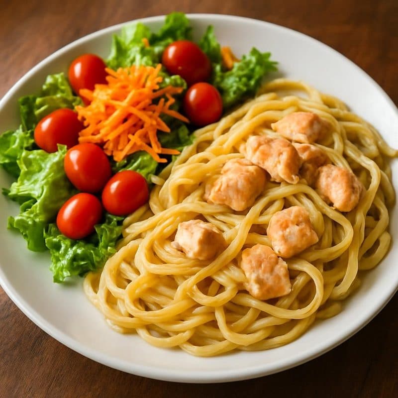 Pasta con salmón acompañada de ensalada