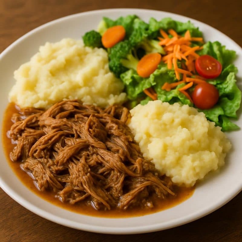 Carne mechada acompañada de puré de papa, vegetales al vapor y ensalada