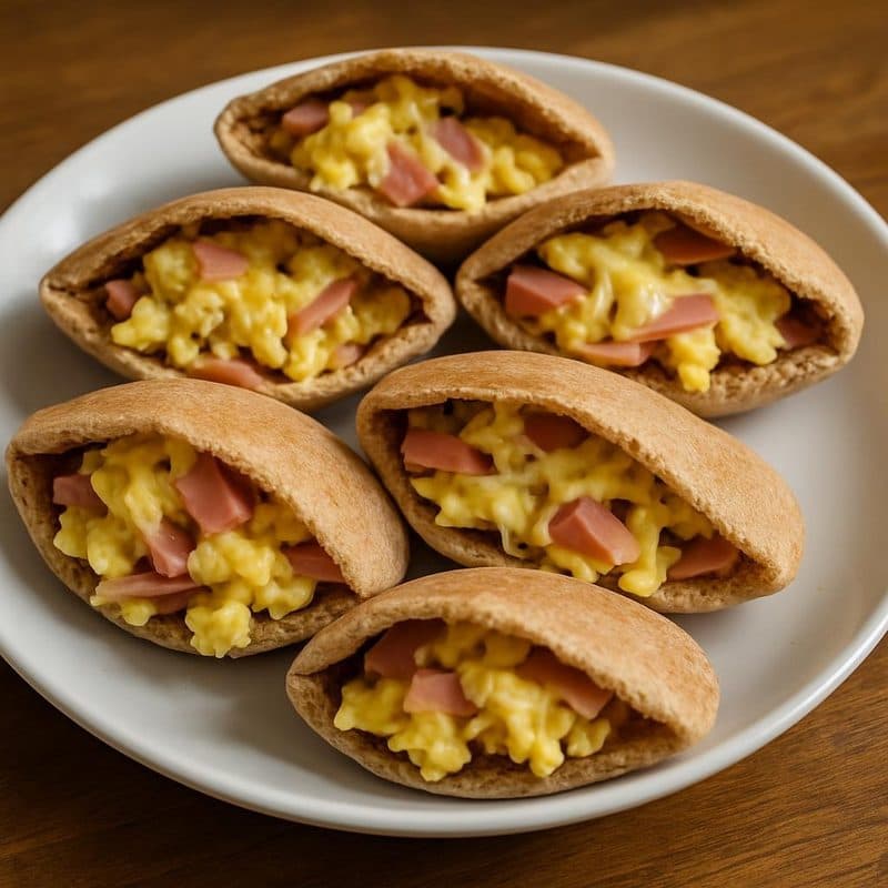 Mini pitas altos en fibra rellenos de huevo, jamón y queso
