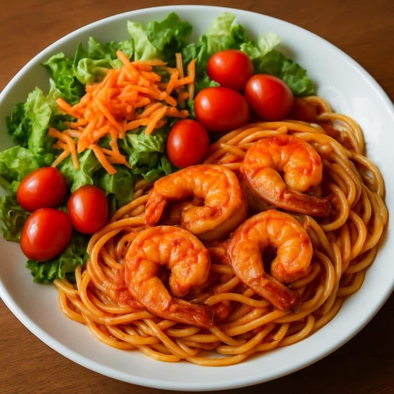 Pasta en salsa roja con camarones jumbo acompañado de ensalada