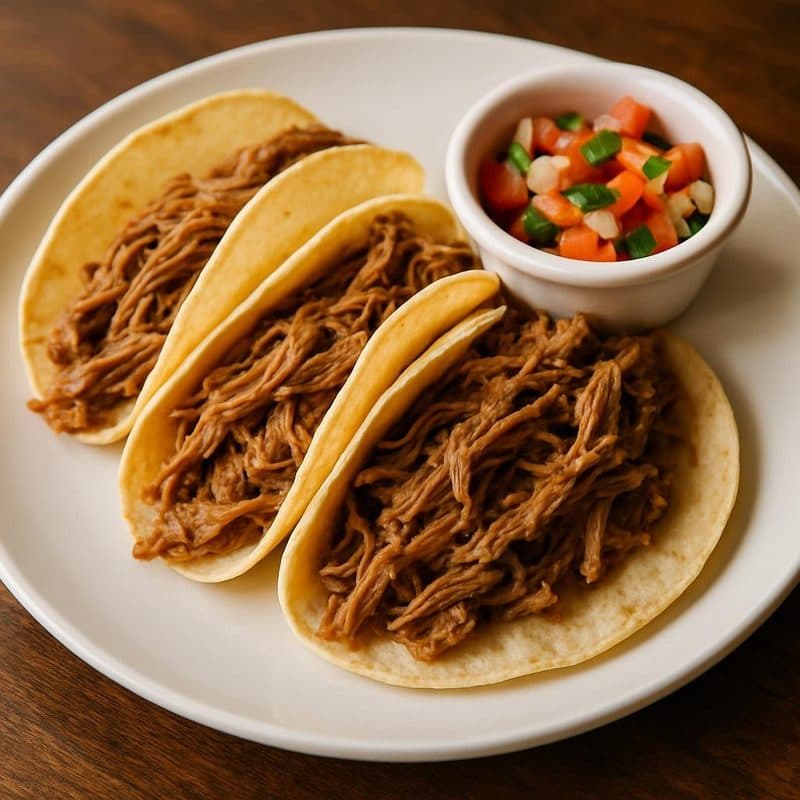 Tacos de carne mechada acompañados de pico de gallo