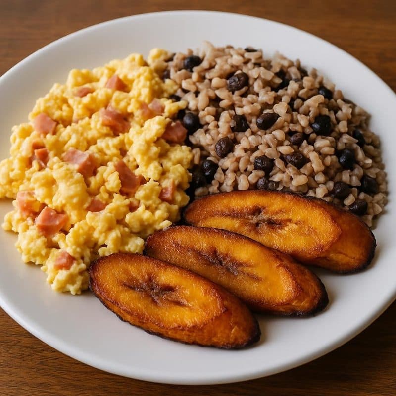 Huevos revueltos con jamón acompañados de gallo pinto y plátano maduro