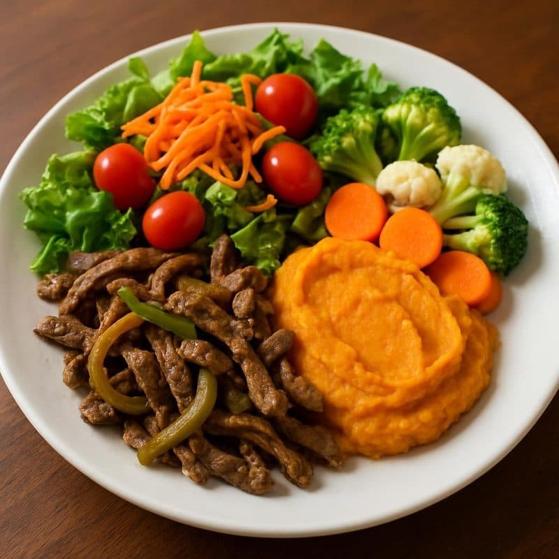 Fajitas de res acompañadas de pure de camote, vegetales al vapor y ensalada