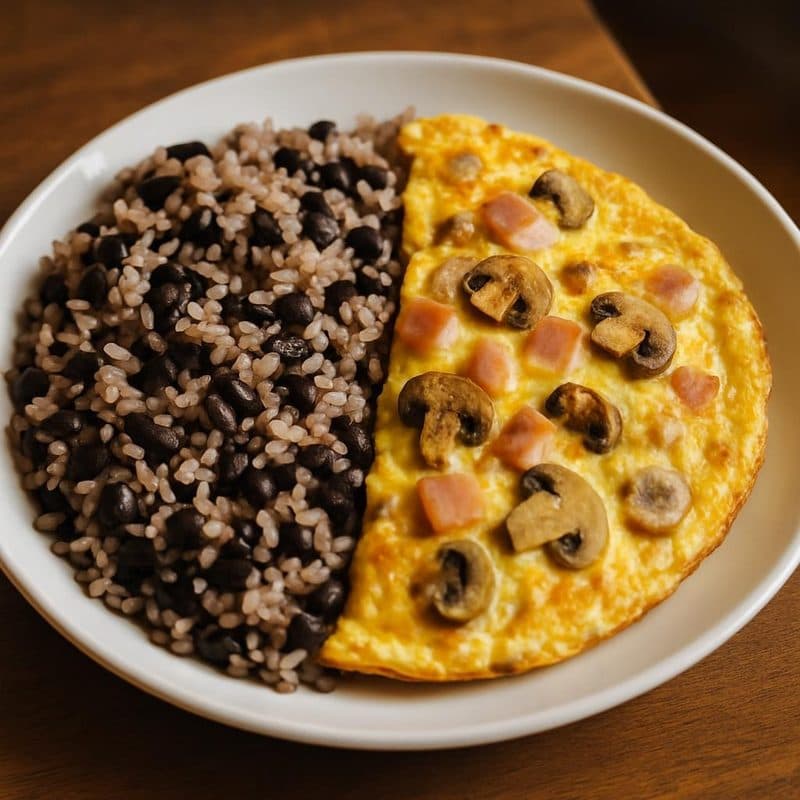 Torta de huevo con jamón, hongos acompañada de gallo pinto