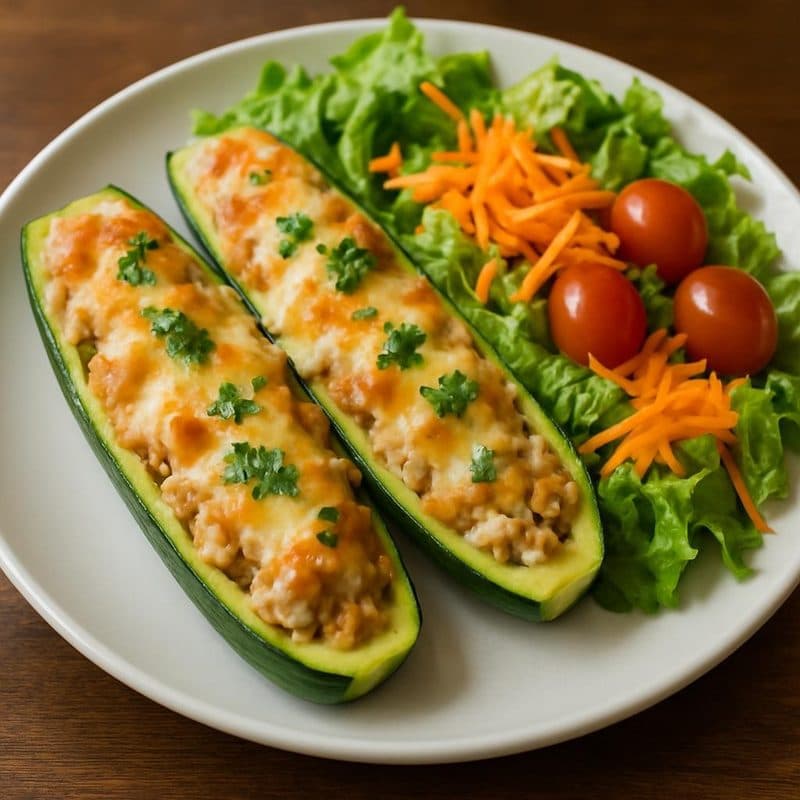 Zucchini relleno de pollo acompañado de ensalada