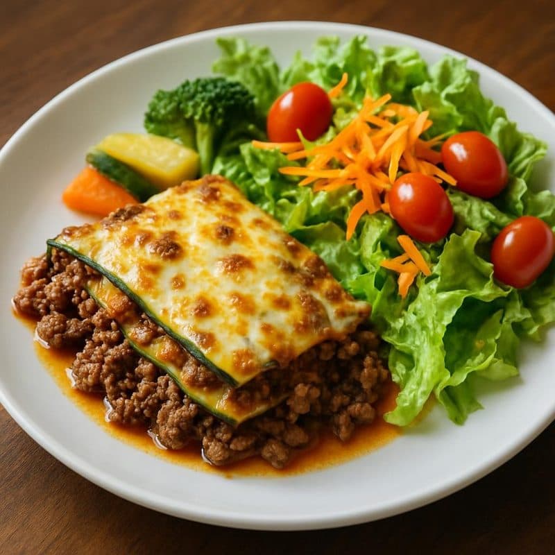 Lasaña de zucchini con carne molida acompañada de vegetales y ensalada