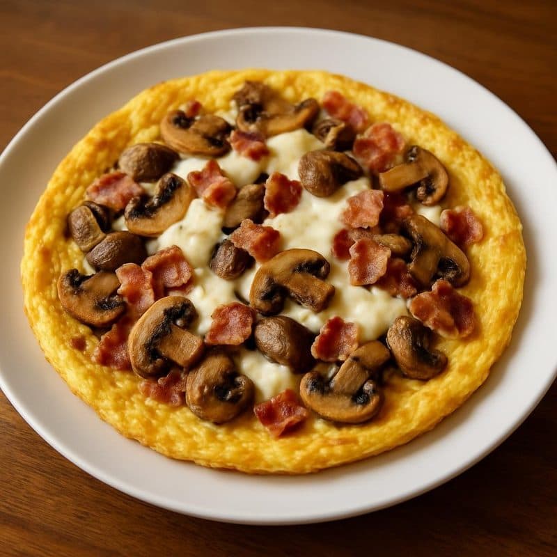 Omelette con hongos, tocineta y queso mozzarella