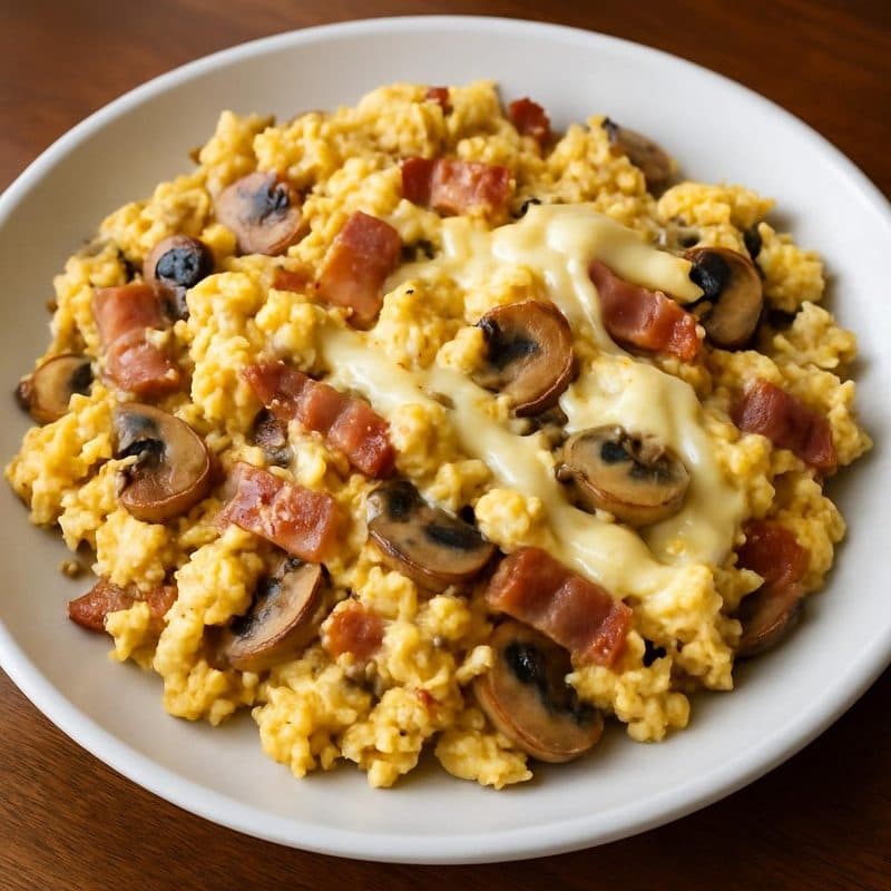 Huevos revueltos con hongos, tocineta y queso mozzarella