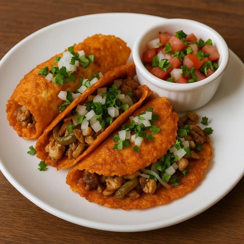 Alambre de pollo envuelto en queso mozzarella acompañado de pico de gallo