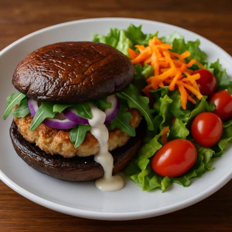 Hamburguesa portobello de pollo acompañada de ensalada