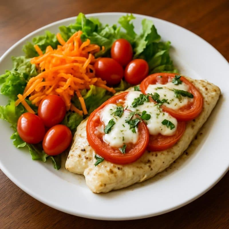 Pescado caprese acompañado de ensalada