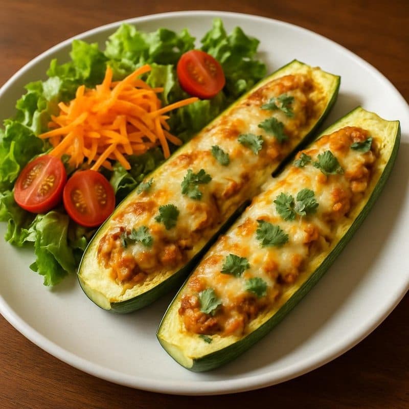 Zucchini relleno de pollo acompañado de ensalada
