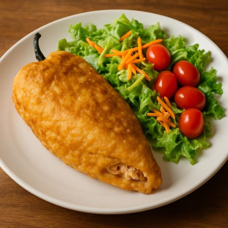 Chile relleno de pollo envuelto en huevo acompañado de ensalada