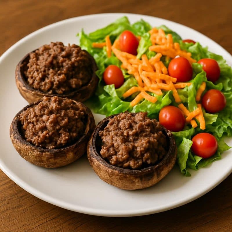 Hongos portobello rellenos de carne molida acompañada de ensalada