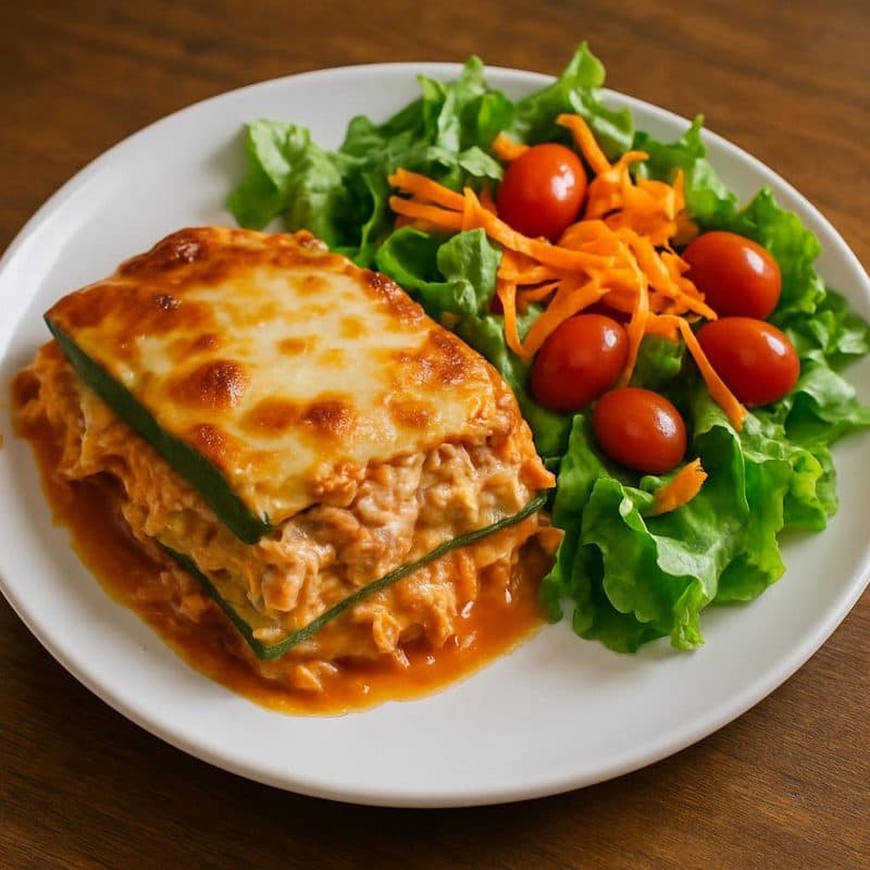 Lasaña de zucchini con pollo acompañada de ensalada