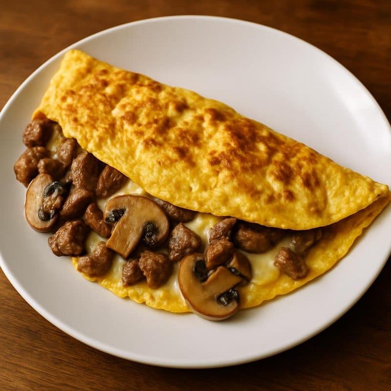 Omelette de lomito con hongos y queso