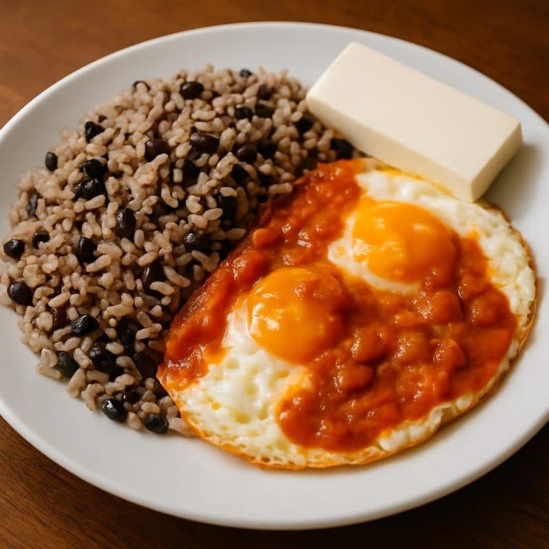 Huevos rancheros acompañados de gallo pinto y queso mozzarella