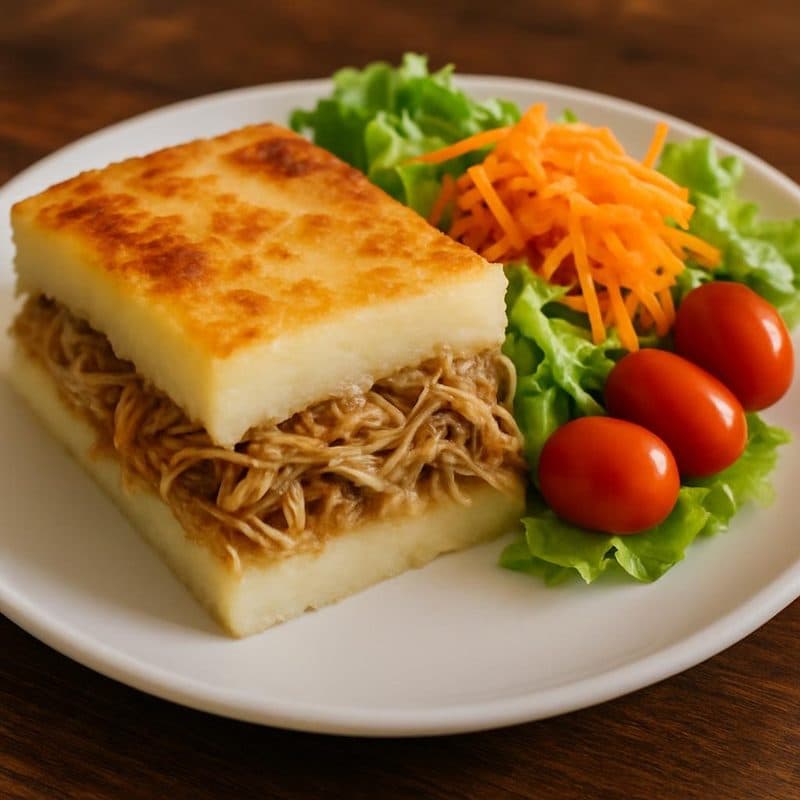 Pastel de yuca de pollo, molida o mechada acompañado de ensalada