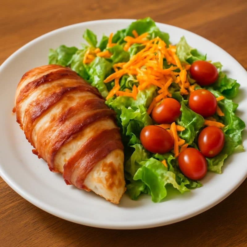 Pechuga de pollo envuelta en tocineta acompañada de ensalada