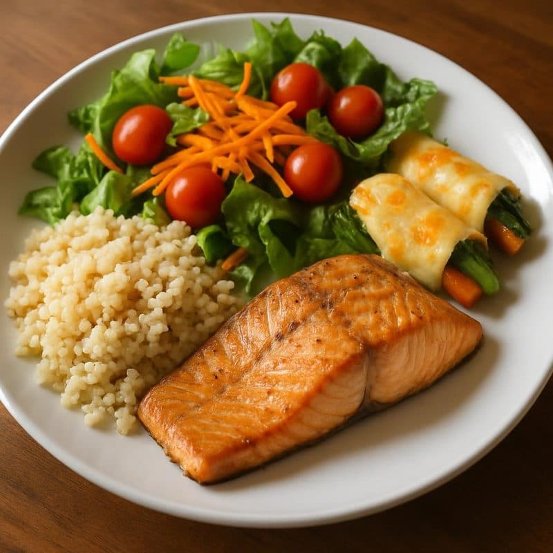 Salmón acompañado de arroz de coliflor, vegetales envueltos en queso y ensalada