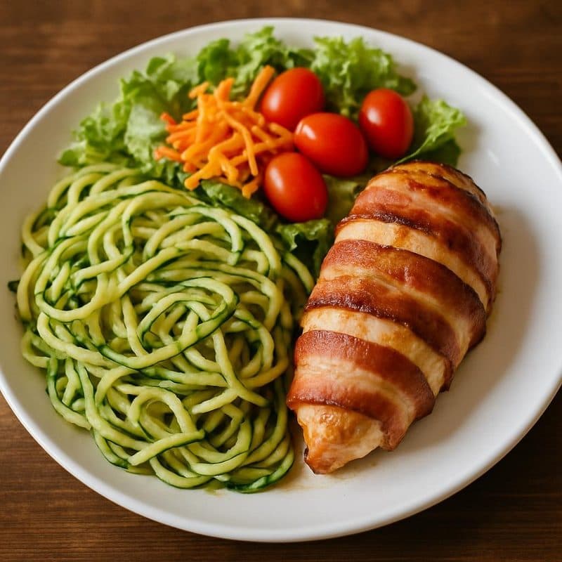 Zucchini noodles con pollo envuelto en tocineta acompañados de ensalada
