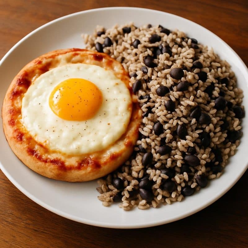Pizza huevo con gallo pinto de acompañamiento