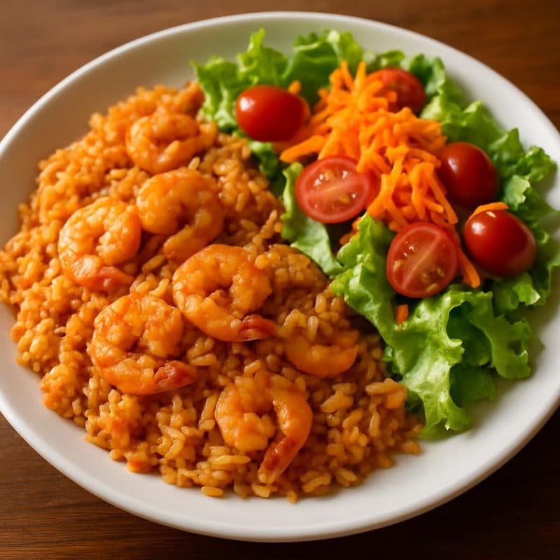 Arroz con camarones acompañado de ensalada