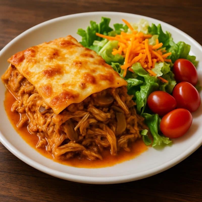 Lasaña de pollo mechado y hongos acompañada de ensalada