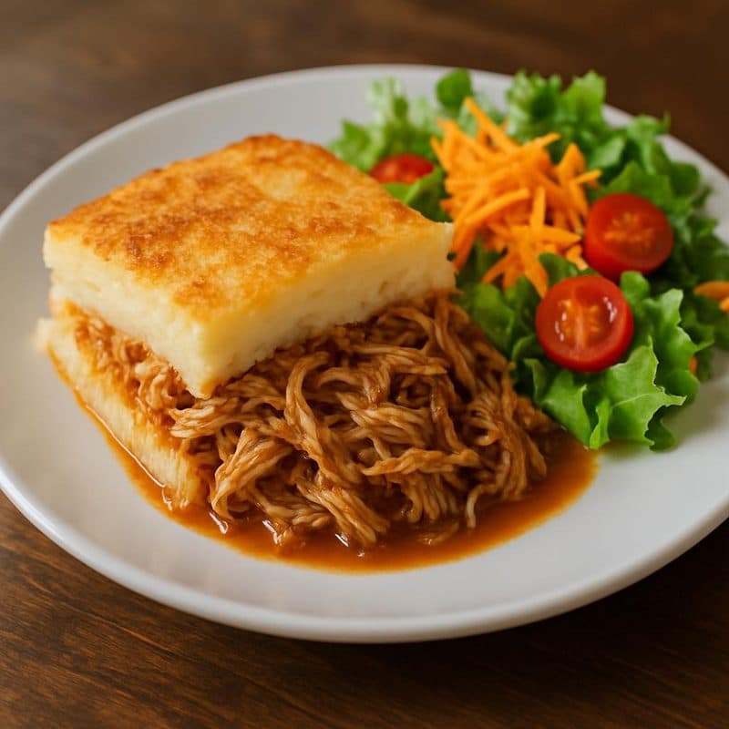 Pastel de papa con pollo mechado acompañado de ensalada