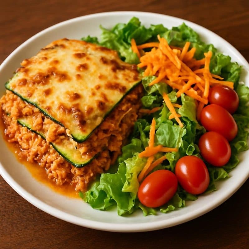 Lasaña de zucchini de pollo acompañada de ensalada