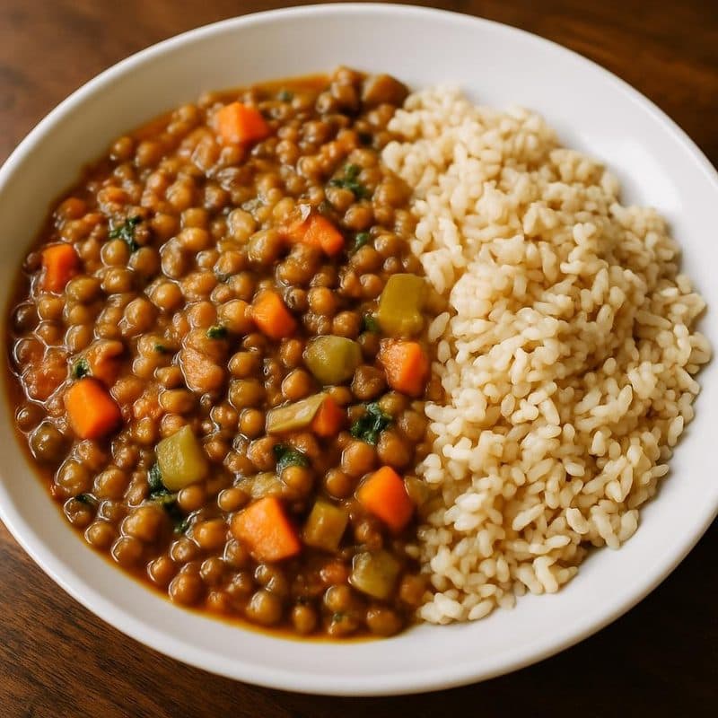 Guiso de lentejas con vegetales y arroz integral