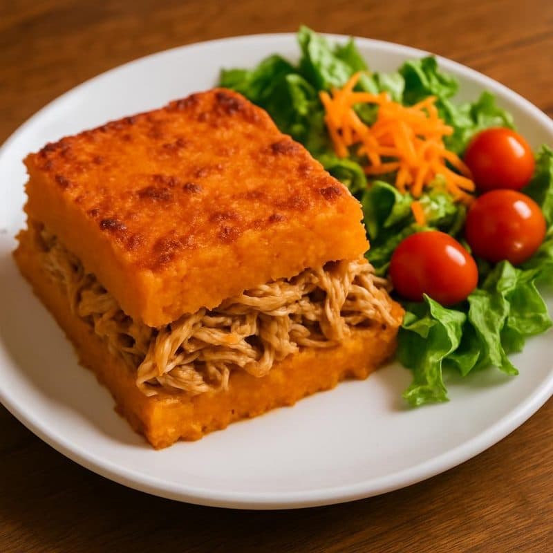 Pastel de camote con pollo mechado acompañado de ensalada